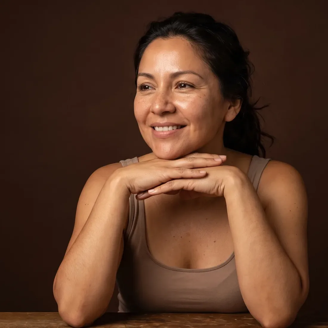 Woman resting her chin on her hands, quiet smile, luminous skin