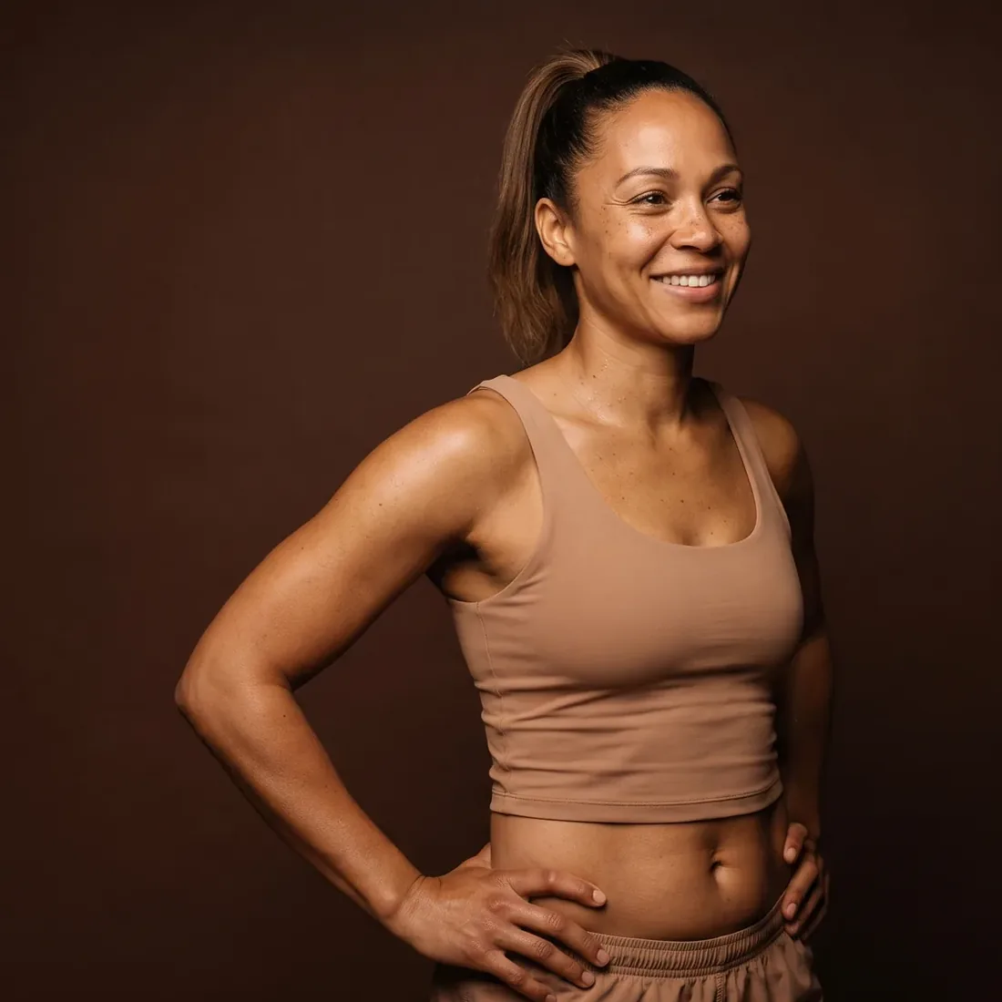 Athletic woman standing, hands on her hips, confident smile