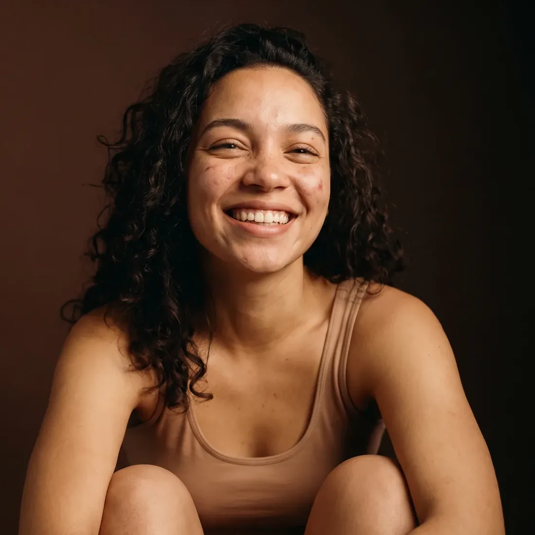 Young woman laughing, head tilted slightly back, healthy skin