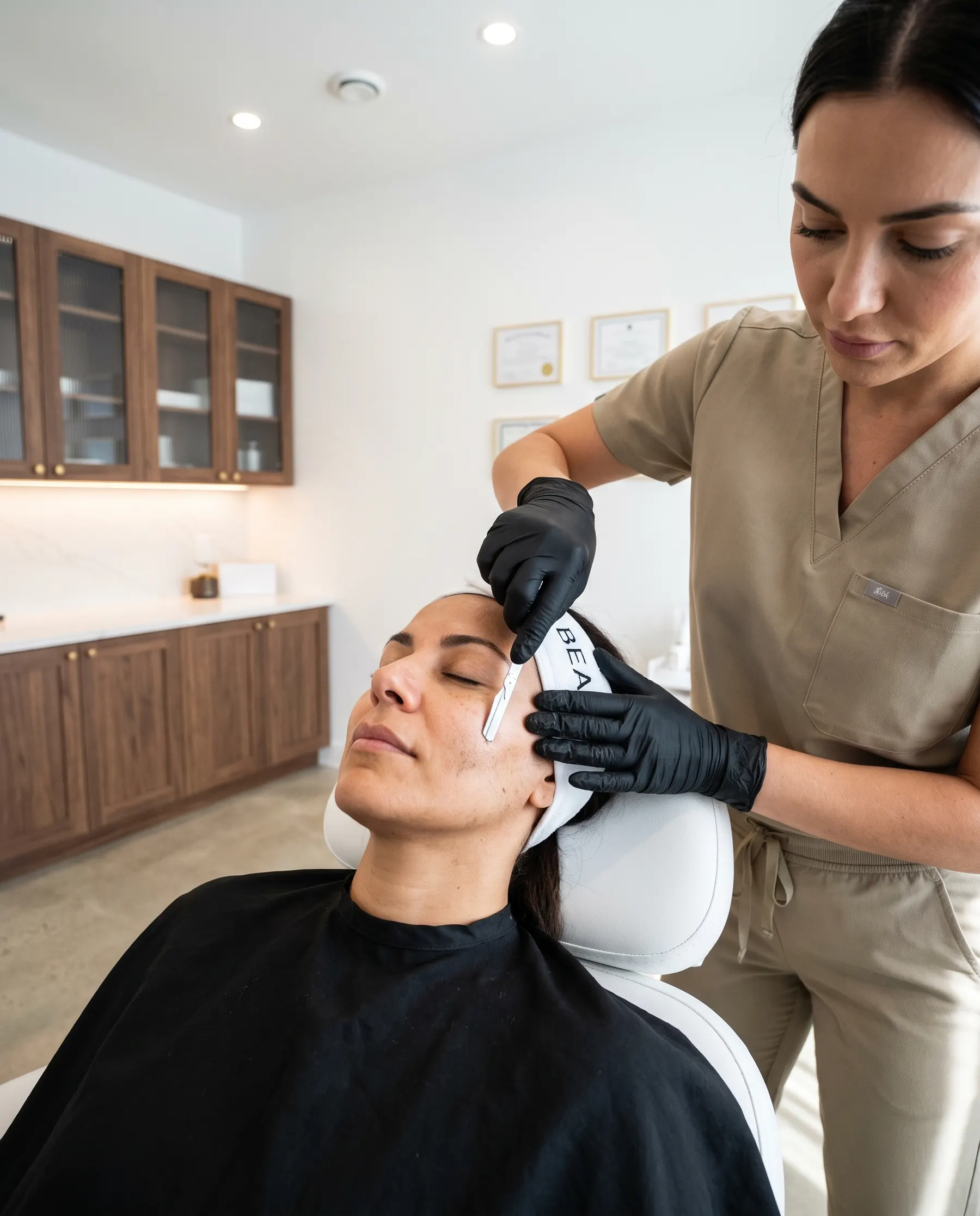 The dermaplaning blade drawn flat across the cheek, lifting the fine hair