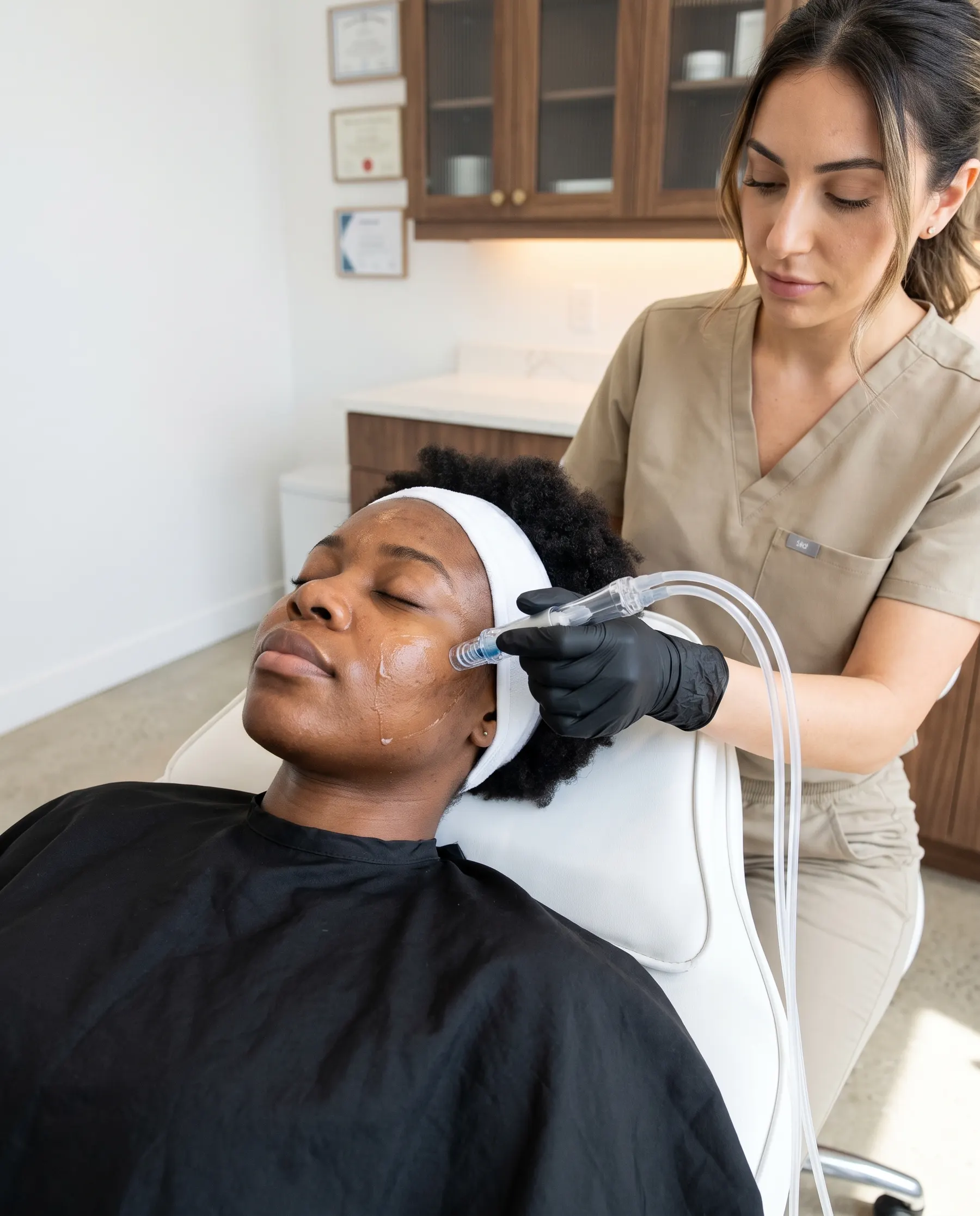 The Hydrafacial vortex tip passing over the cheek