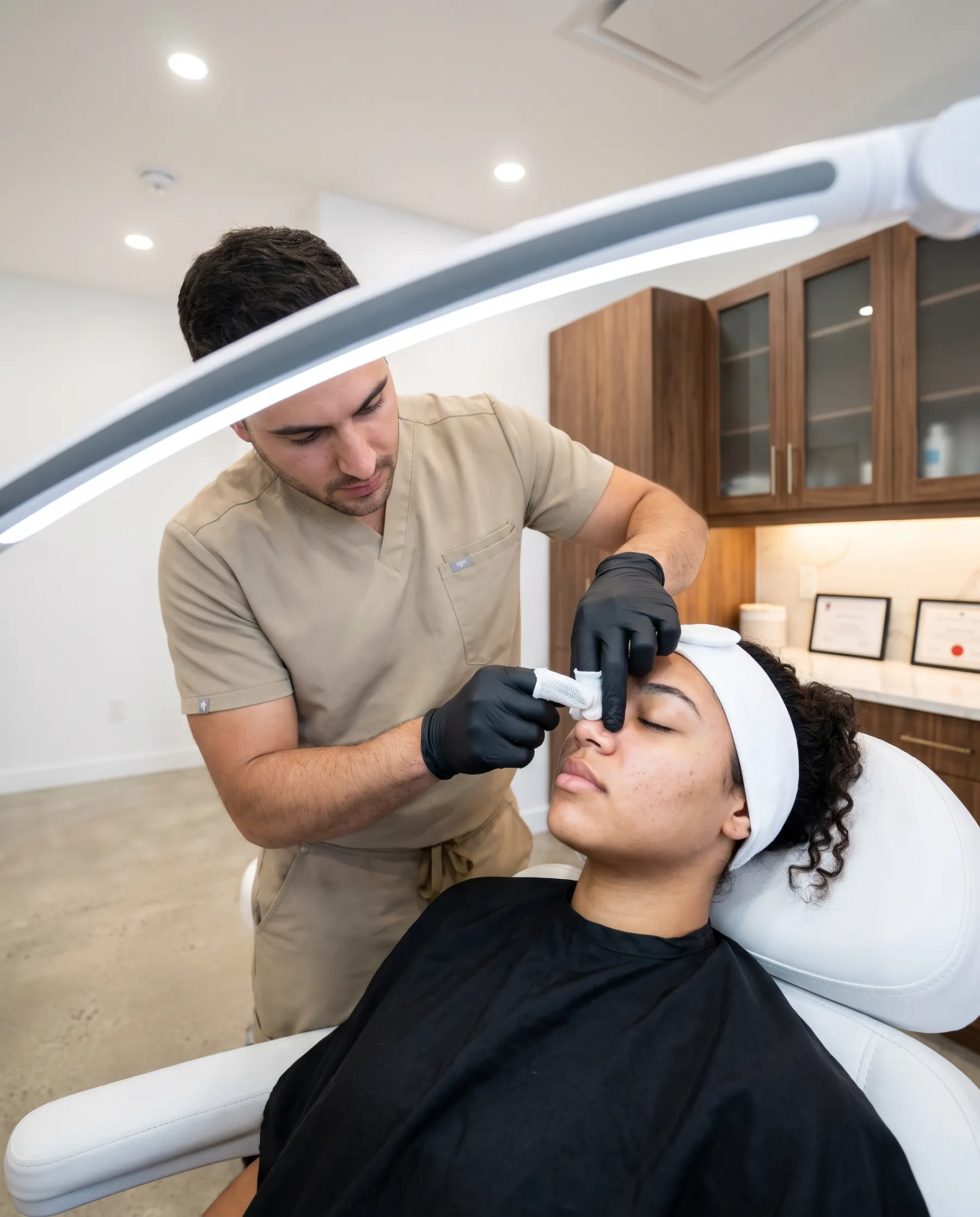 Manual extraction beside the nose under the magnifying lamp