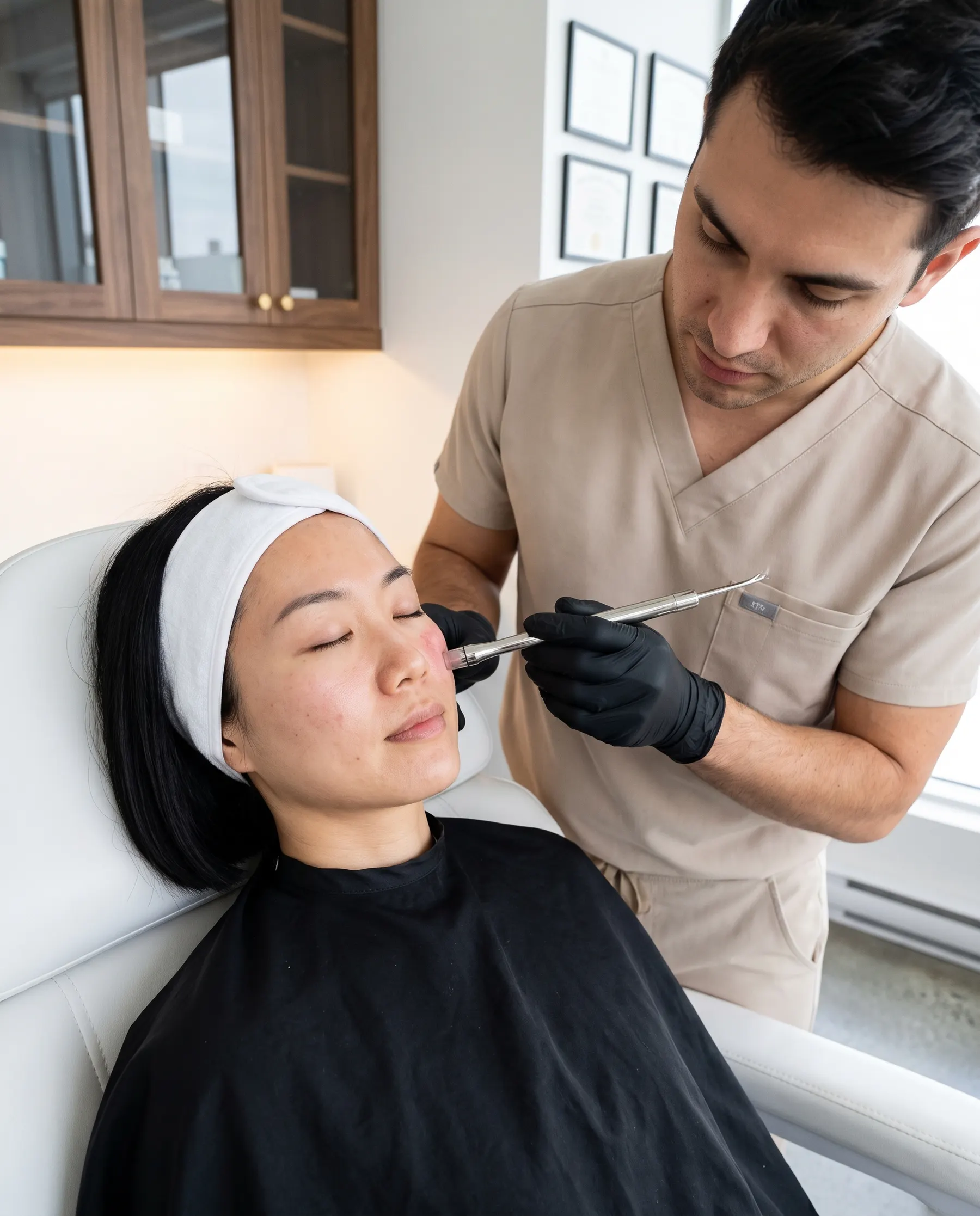 The microdermabrasion suction wand on the cheekbone