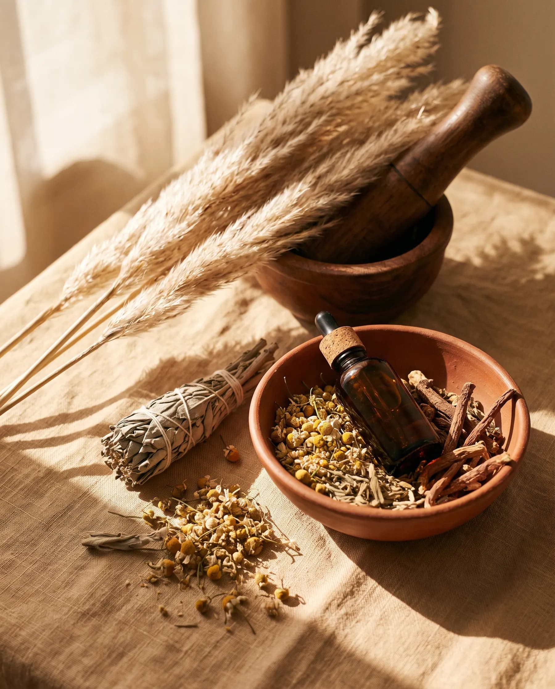 Tisane et plantes sur un plan de bois