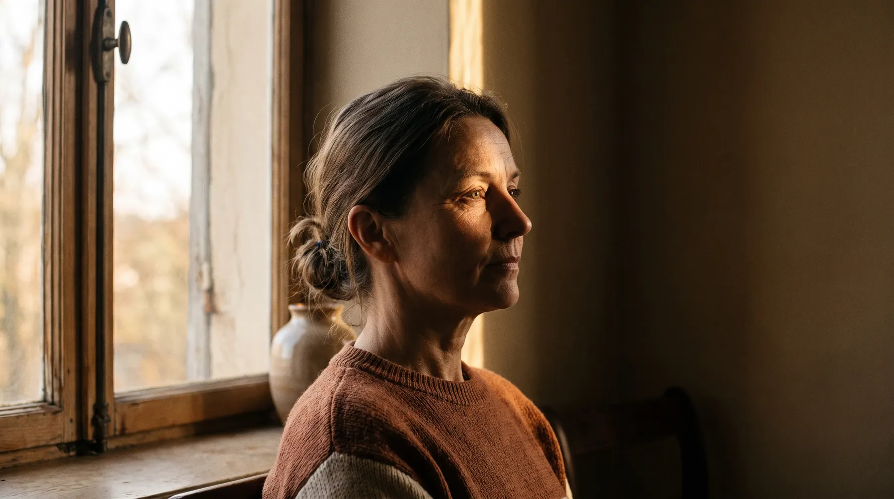 Profil d'une femme près d'une fenêtre, ridules d'expression