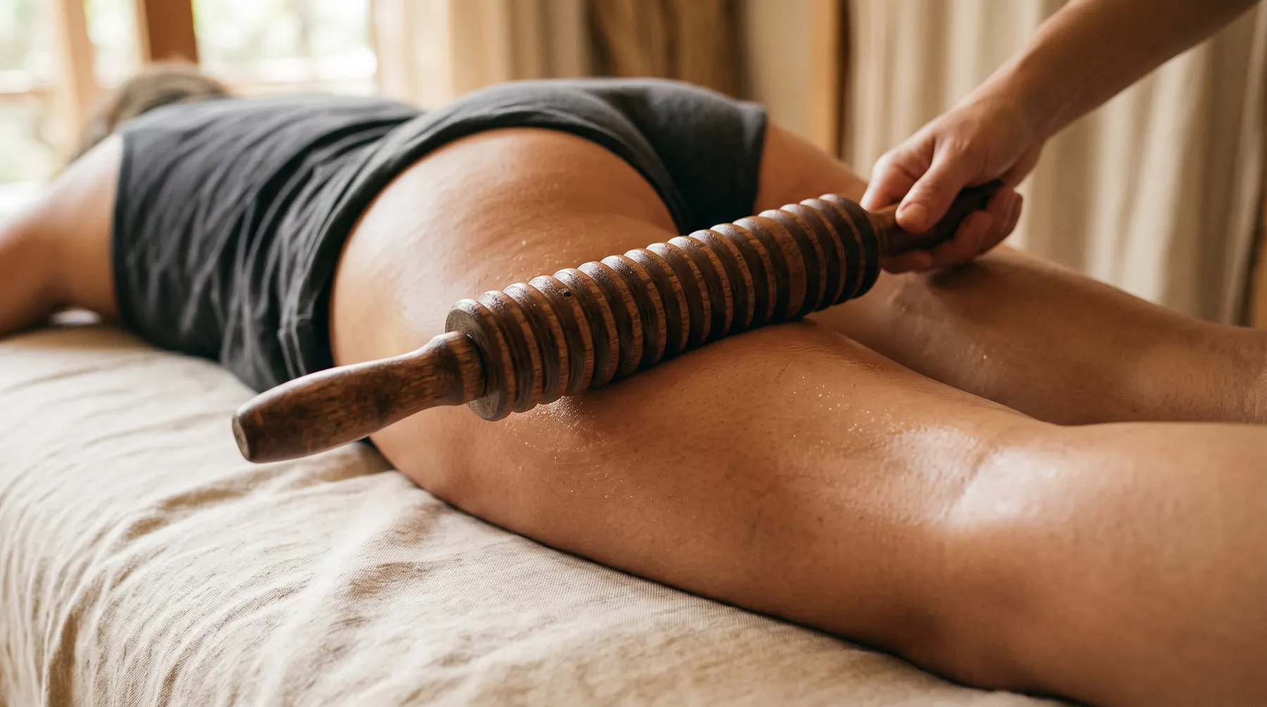 Soin corporel aux outils de bois, sur la cuisse
